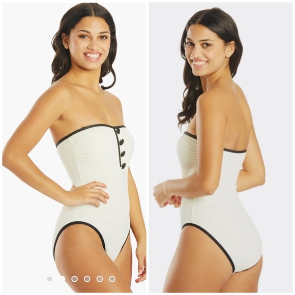 Kate Spade Texture Classic Bandeau Swimsuit with signature spade buttons - Picture 4 of 8